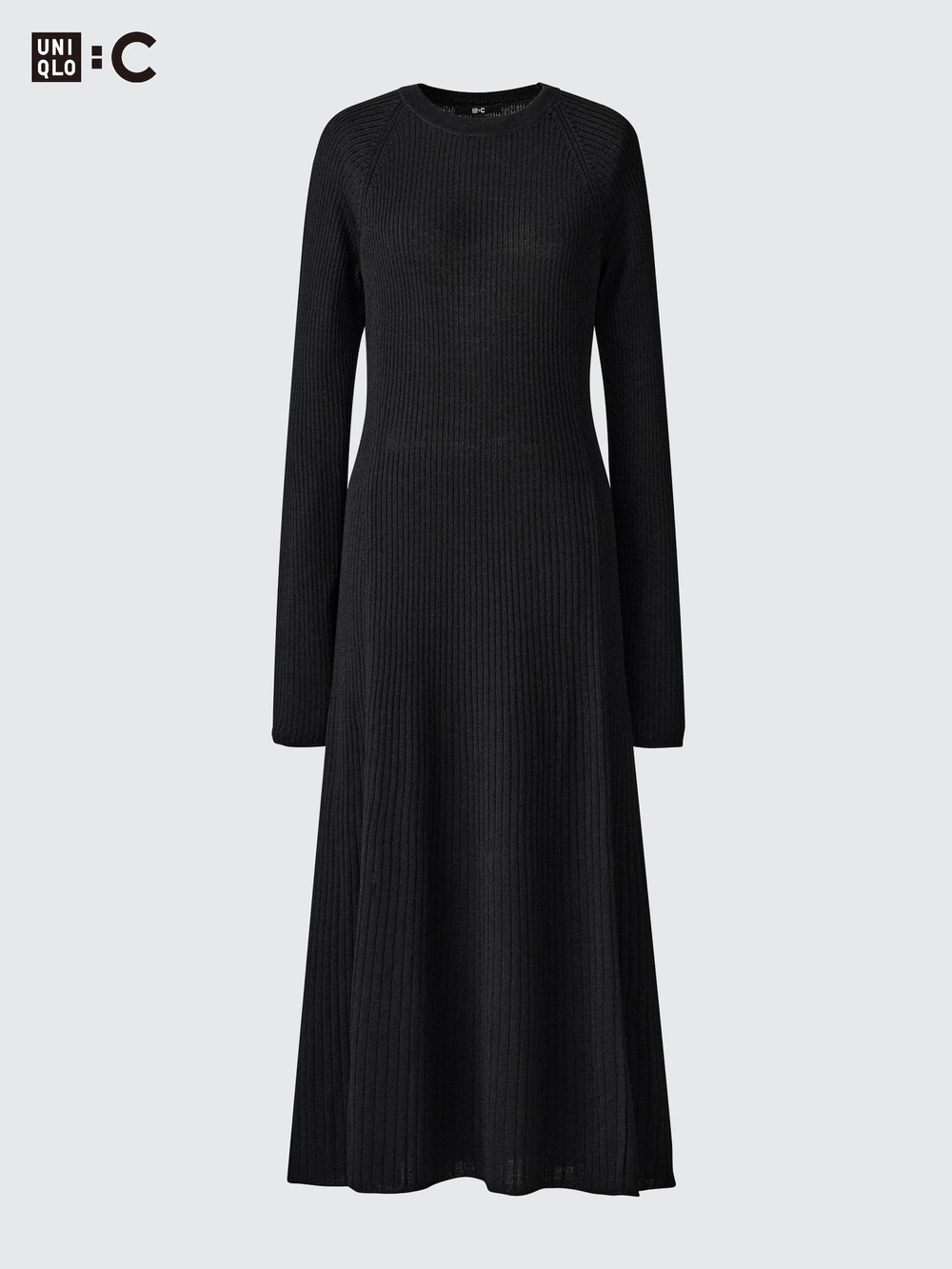 UNIQLO Black Rib-Knit Long Sleeve Midi Dress